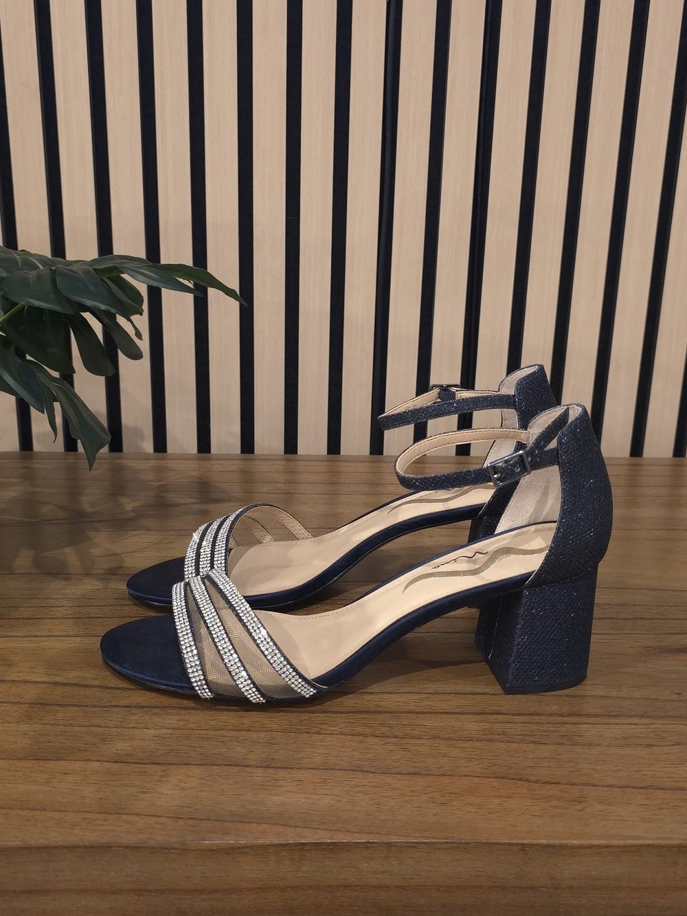 Nina Navy Block Heel Sandals with Crystal Straps - Picture 3 of 8